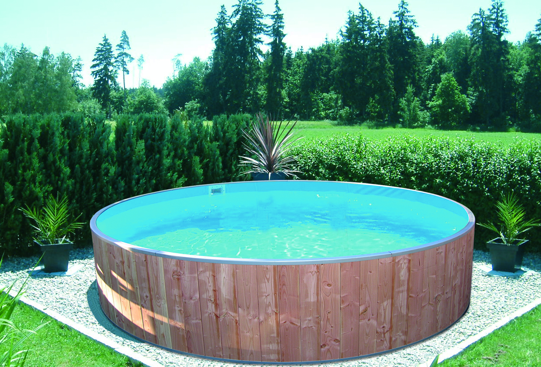 Pool round. Каркасный бассейн Интекс ландшафт. Каркасный бассейн Обделанный деревом. Каркасный бассейн Лагуна. Бассейн отделанный деревом.